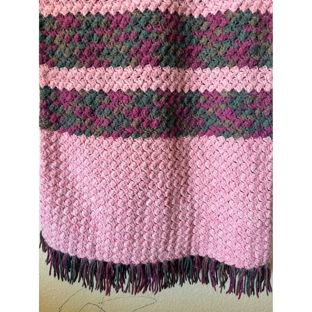 Handmade Crochet Throw‎ Blanket Pink Magenta Striped Boho Fringe Popcorn Stitch